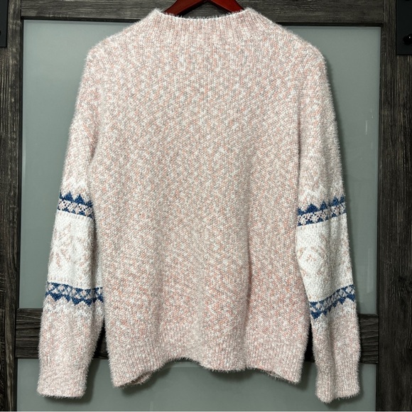 Fair Isle Mock Neck Cozy Pink, White & Blue Fuzzy Sweater - Picture 2 of 6
